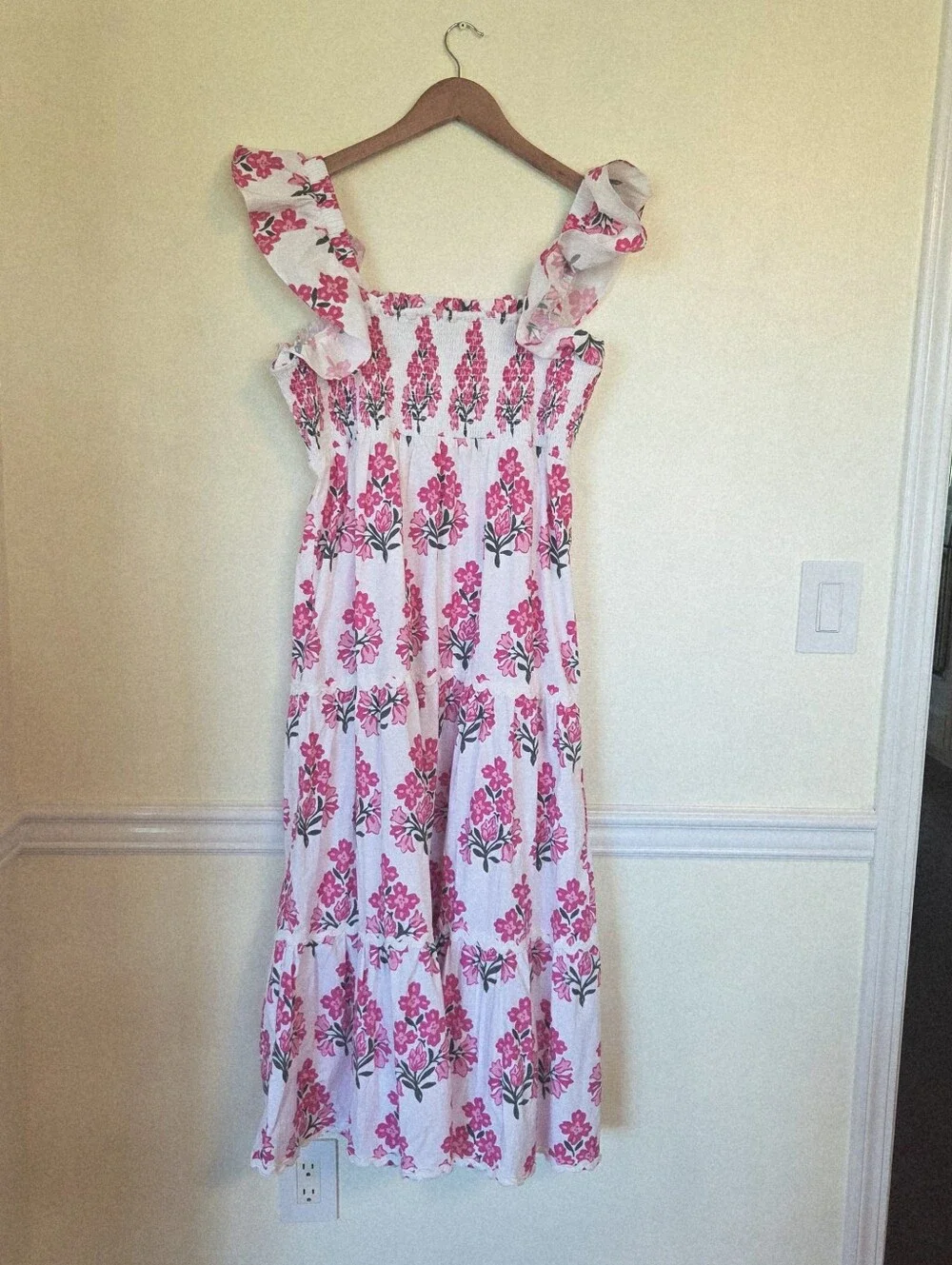 Sail to Sable Debra Smocked Midi Dress Cotton hibiscus block print
